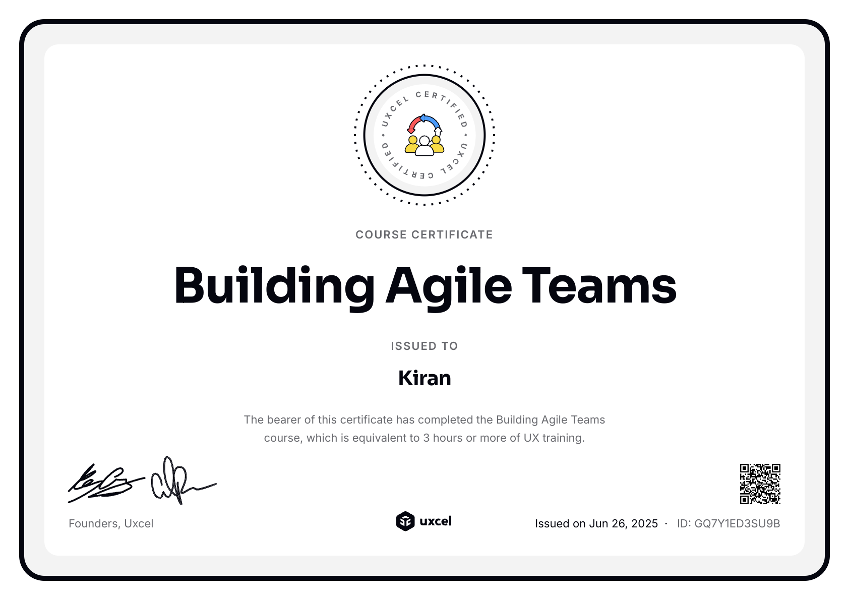 Kiran's certificate